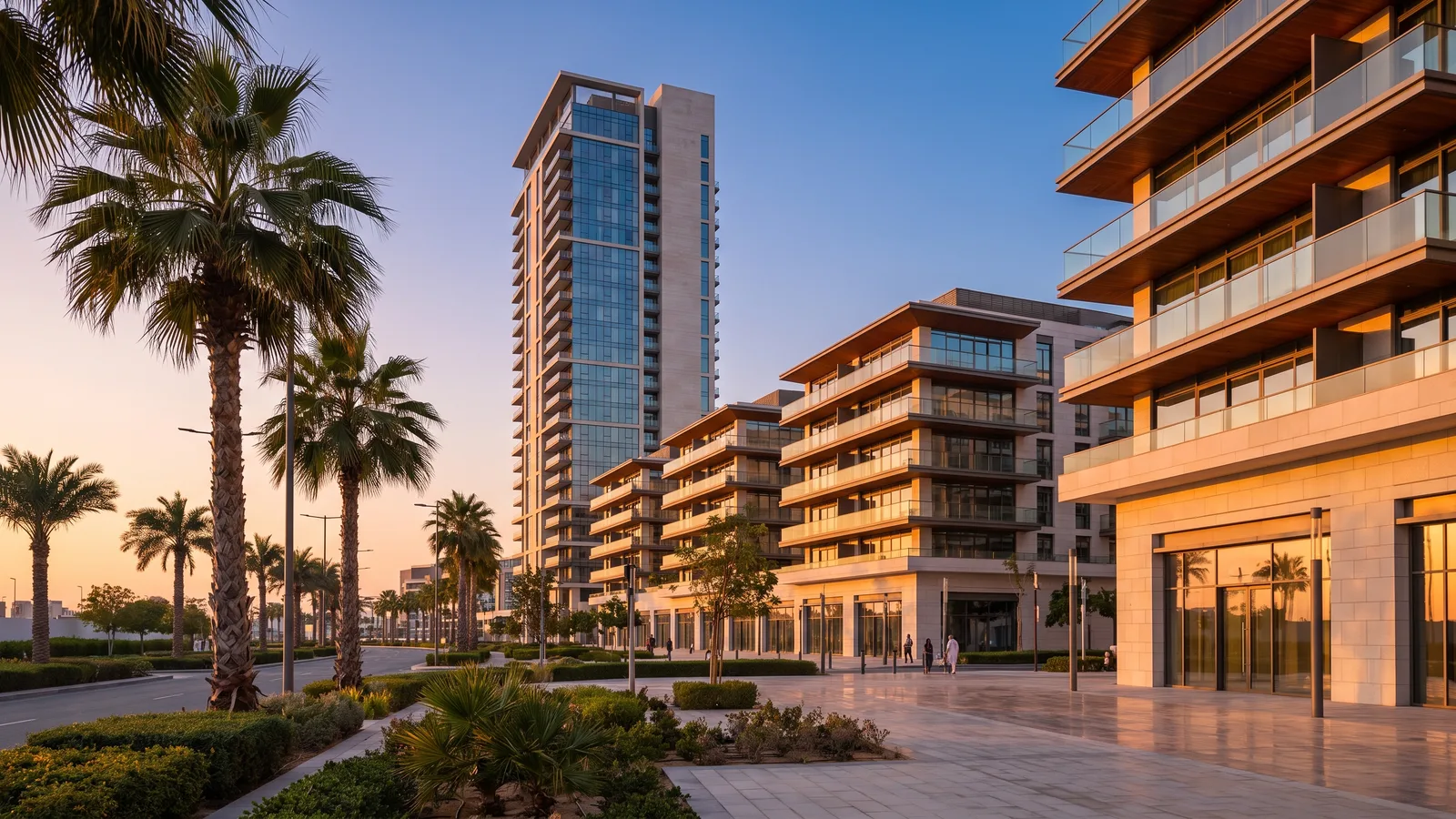 Completed mixed-use development at golden hour