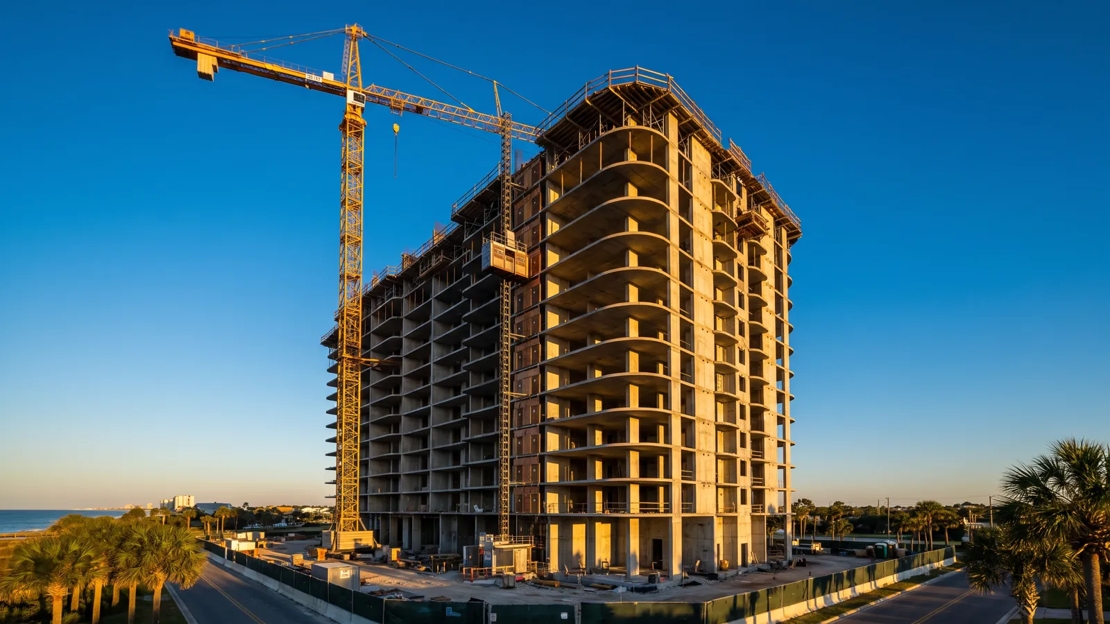 High-rise concrete frame with tower crane at golden hour