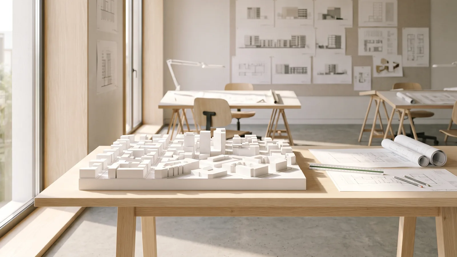 Architectural massing model and drawings in a design studio