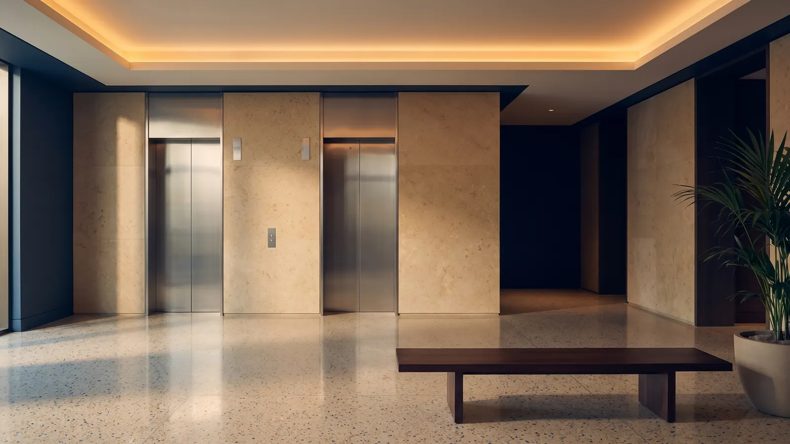 Lift lobby in a residential tower with two brushed steel elevator doors and a terrazzo floor