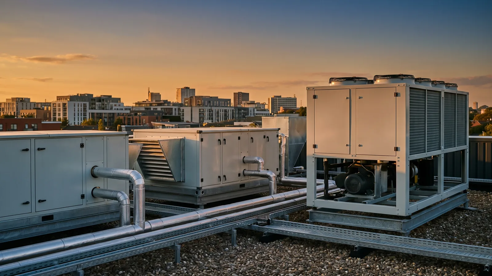 Rooftop chillers, air handling units and pipework at golden hour