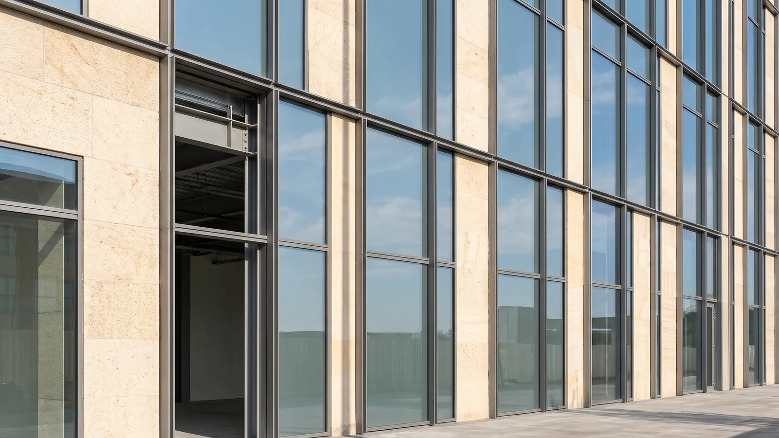 Glazed curtain wall facade with stone spandrels in daylight