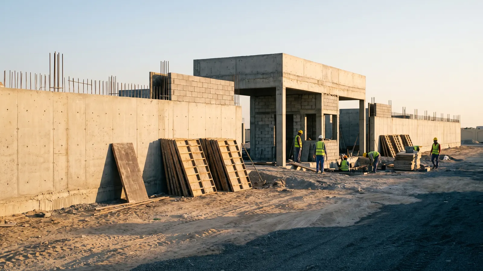 Reinforced concrete perimeter wall and gatehouse under construction on an arid compound
