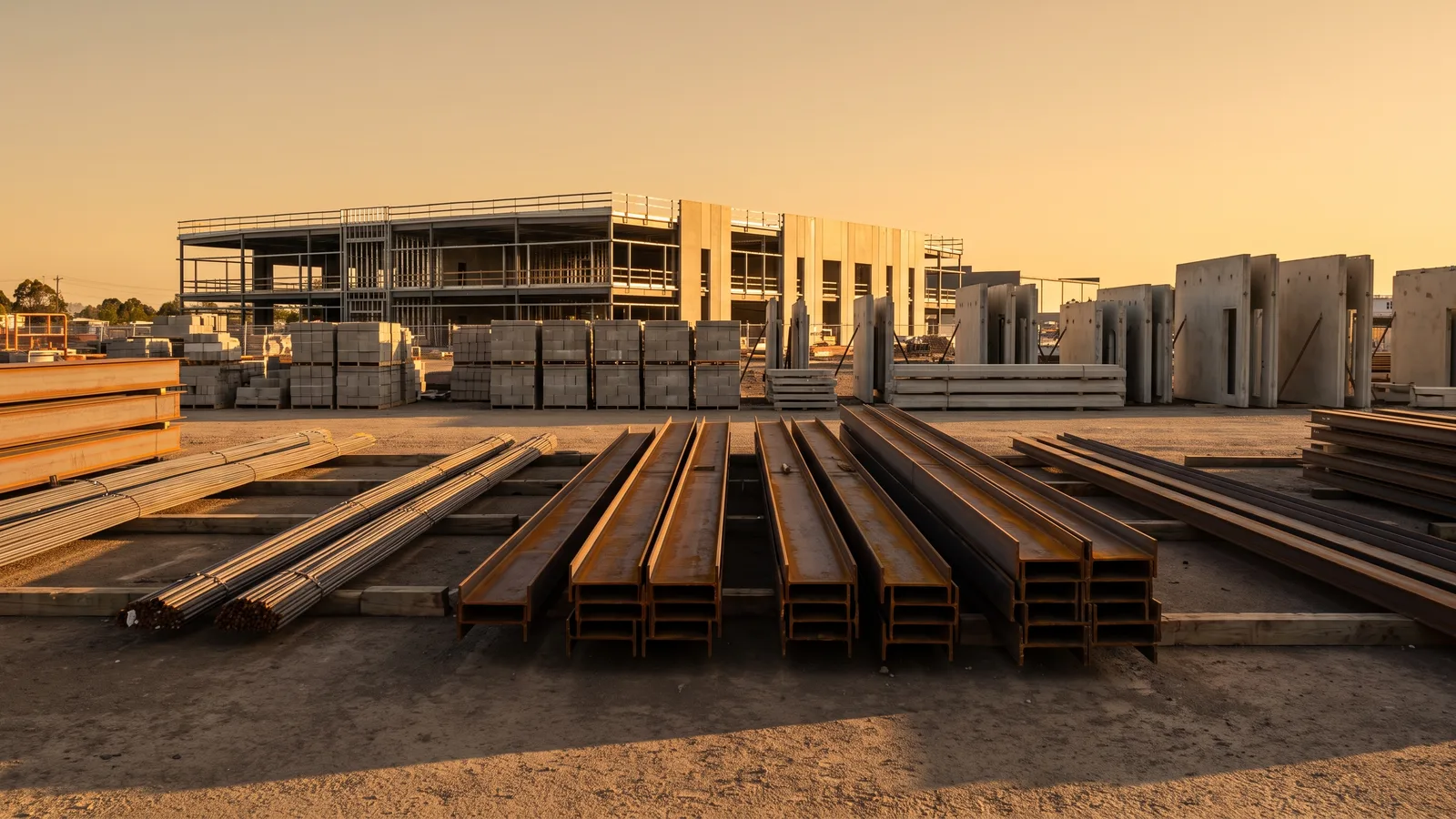 Steel sections and materials laid out in an organised yard
