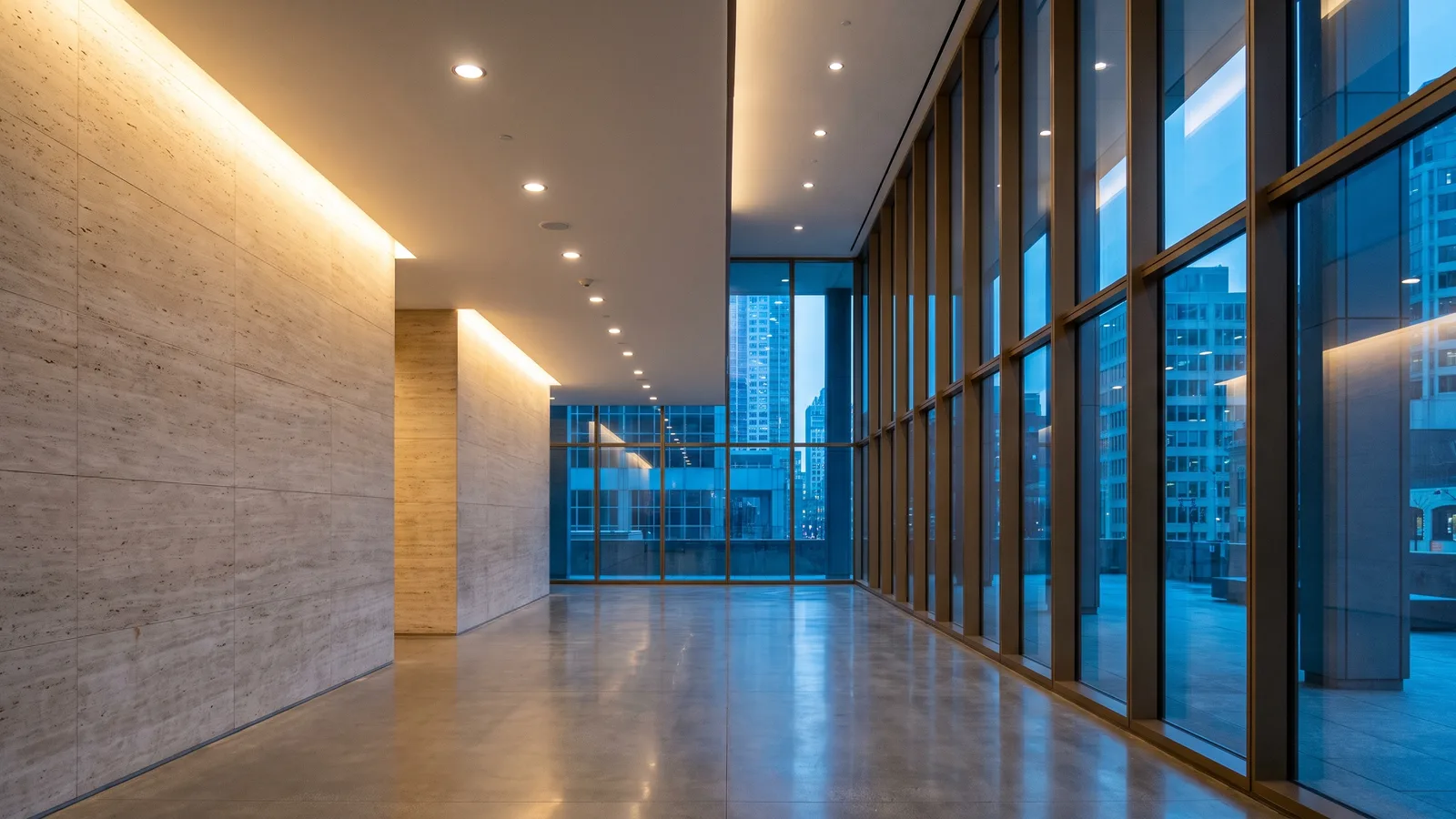 Building lobby with integrated lighting at blue hour