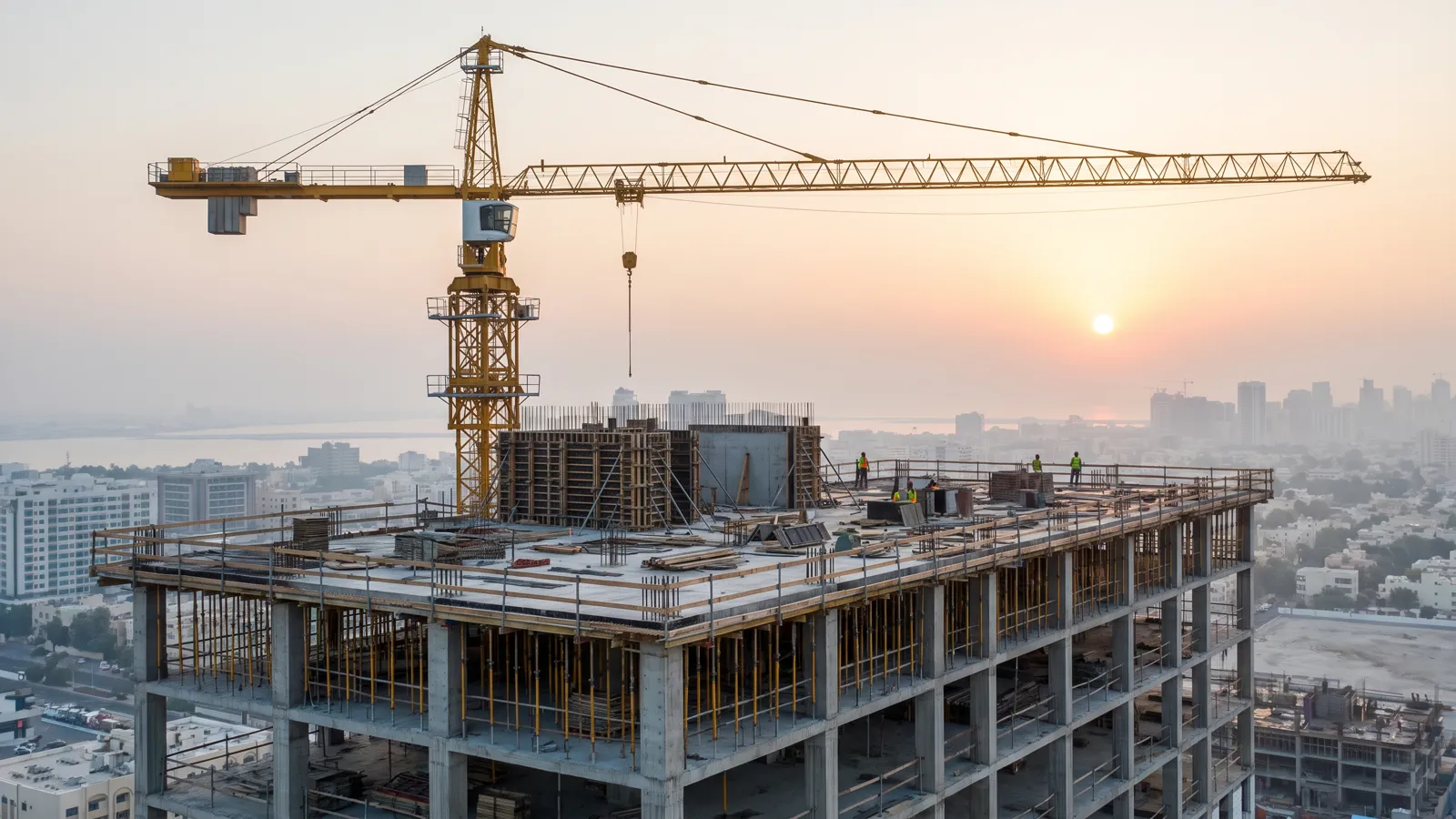 Concrete frame and tower crane on an active construction site