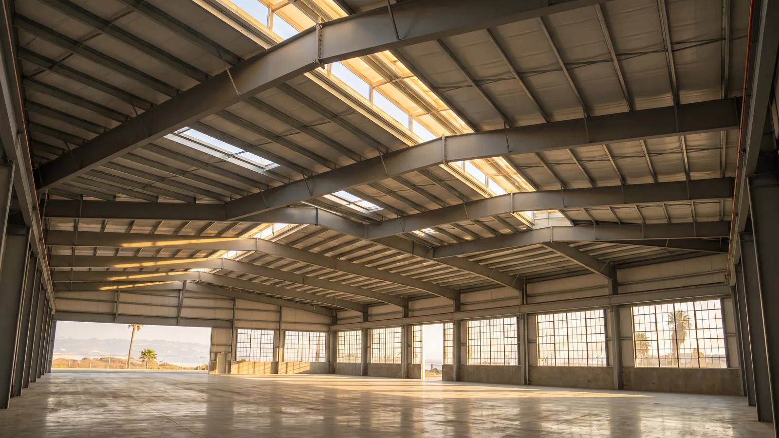 Long-span steel roof structure over an open hall