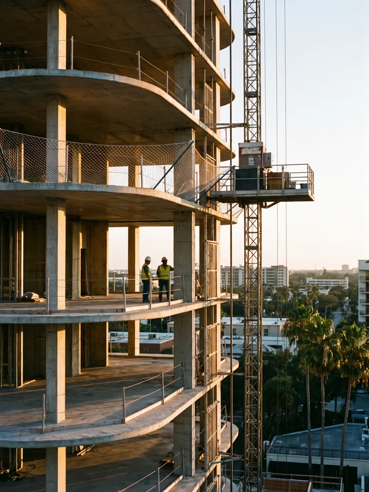 Facade panel being hoisted up the side of a building