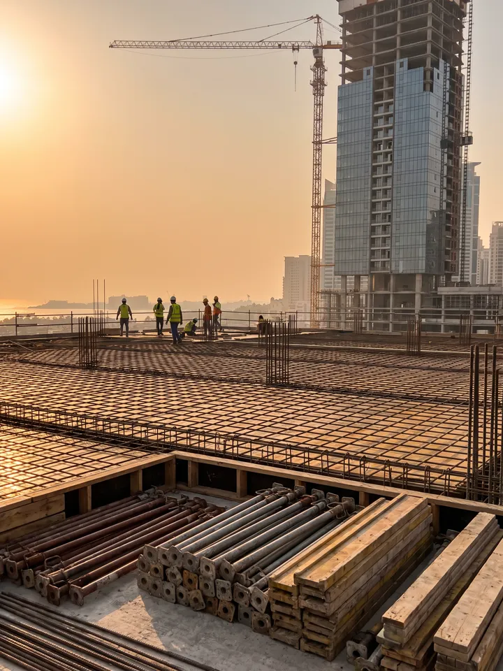 Reinforcement bars and formwork laid out across a floor slab